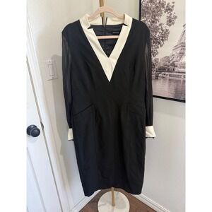 Karen Millen Black White Tuxedo Midi Dress Sheer Sleeve Gold Button Size US 12